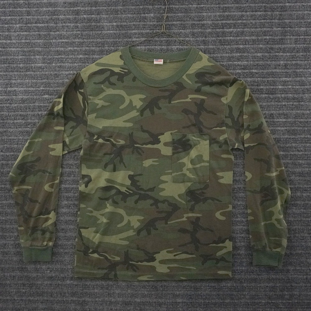 Vintage 80s Kilpatrick Long Sleeve T-Shirt Mens M Green Blank Camo Pocket Tee